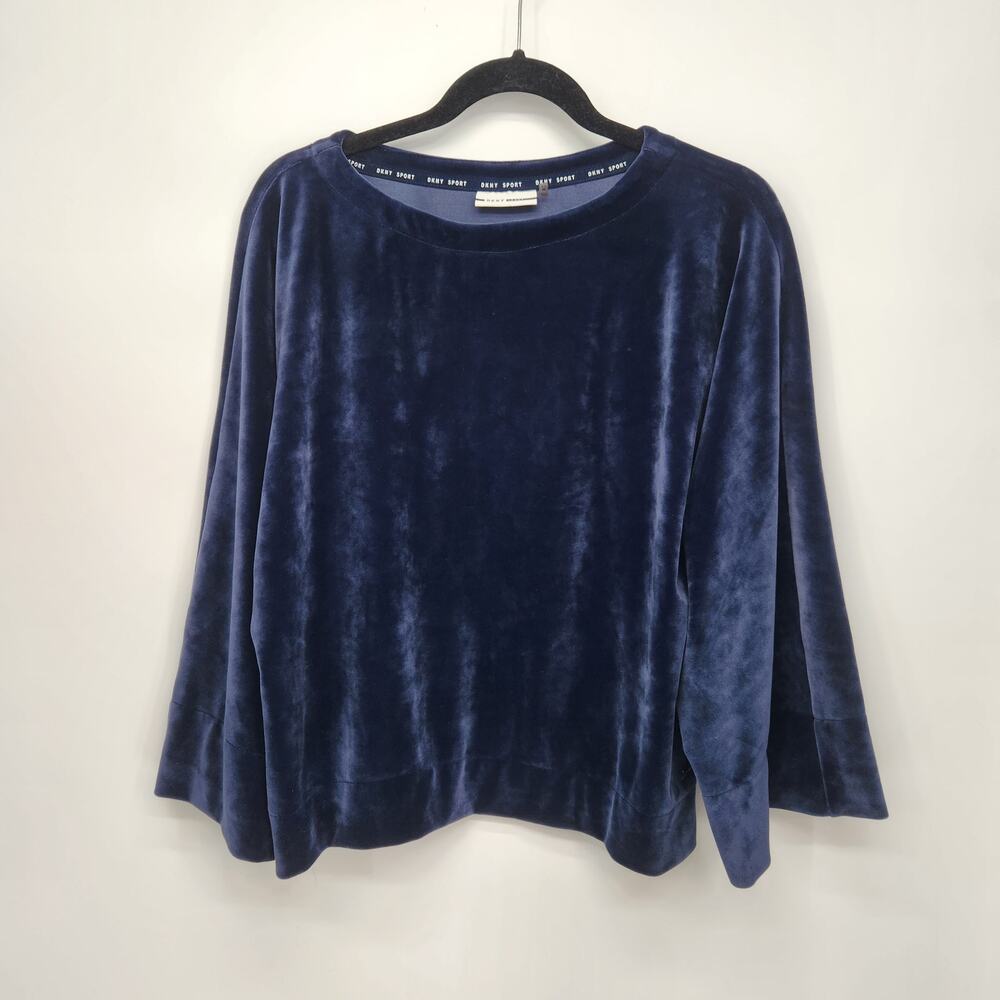 DKNY Sport Navy Plush Velour Long Wide‎ Sleeve Pullover Top Women's M